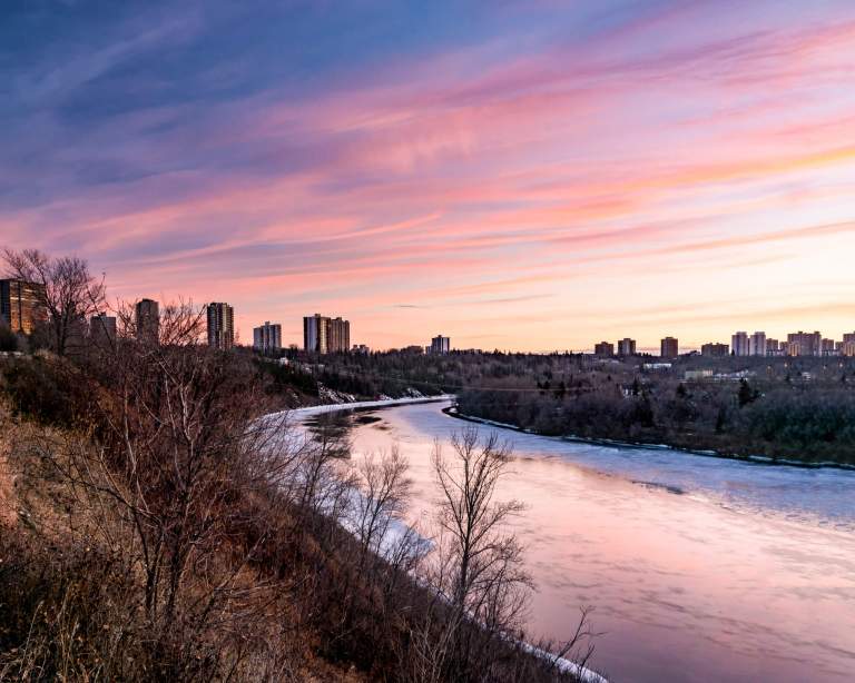 Cityscape Photos. LIFELIGHTLENS images of cotton candy sunset in Edmonton river valley.