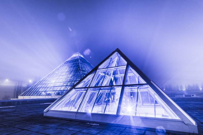 An image of the Muttart Conservatory Pyramids in Edmonton Alberta