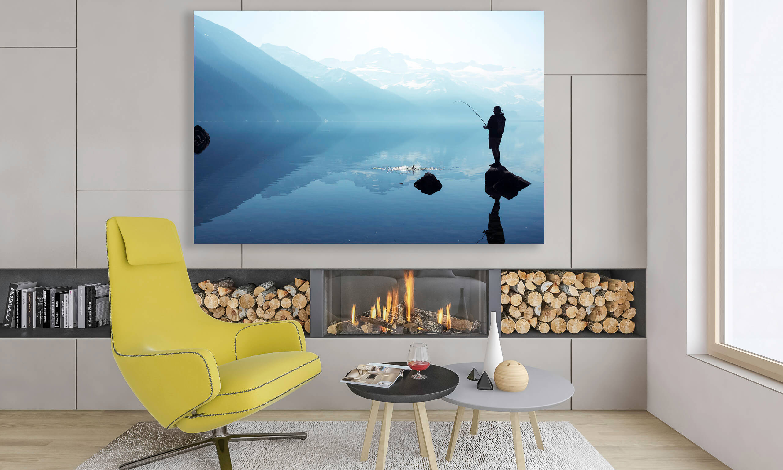 A metallic aluminum photo mount hangs above a living room fireplace