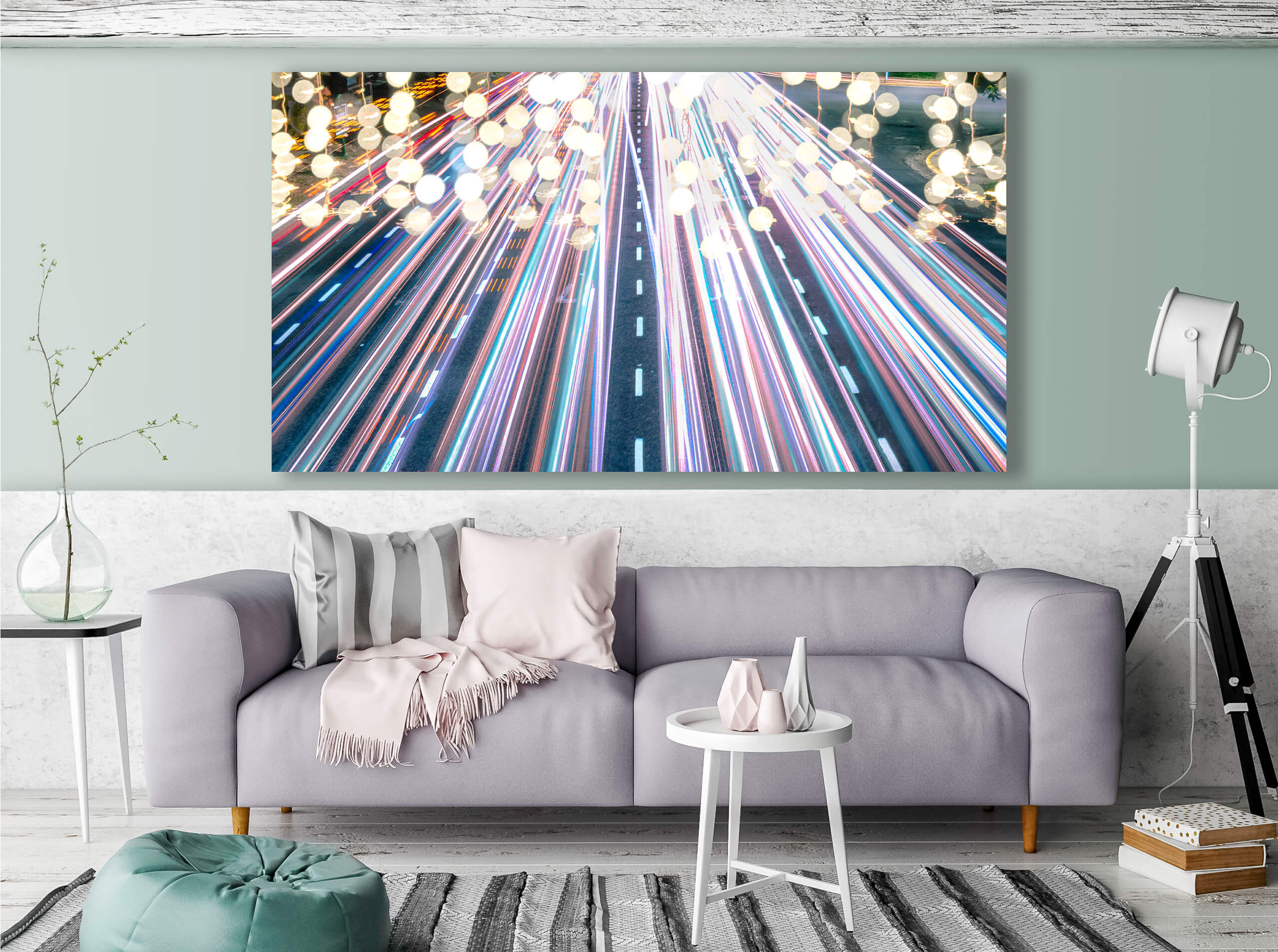 A photoboard image above a couch